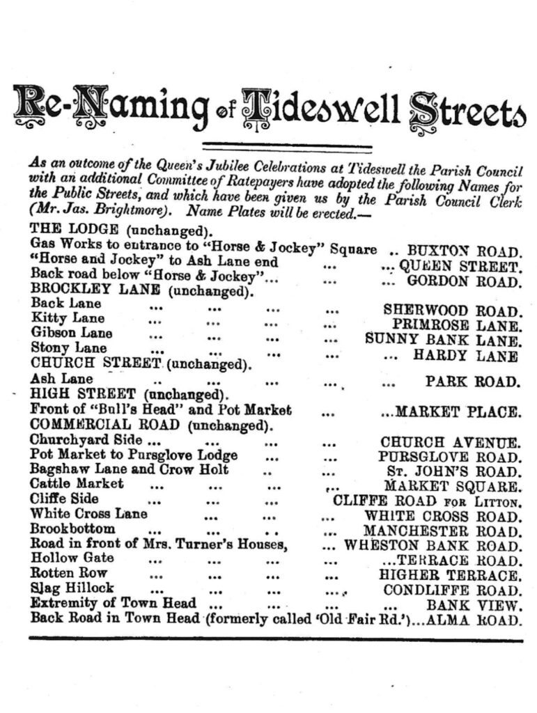 Document showing the renaming of Tideswell Streets